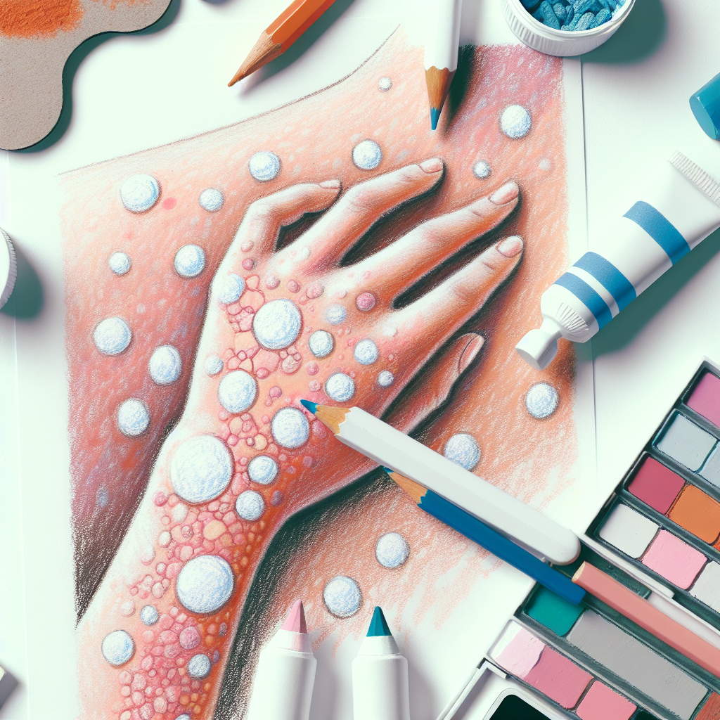 Pastelková ilustrace znázorňující téma: Kožní problémy