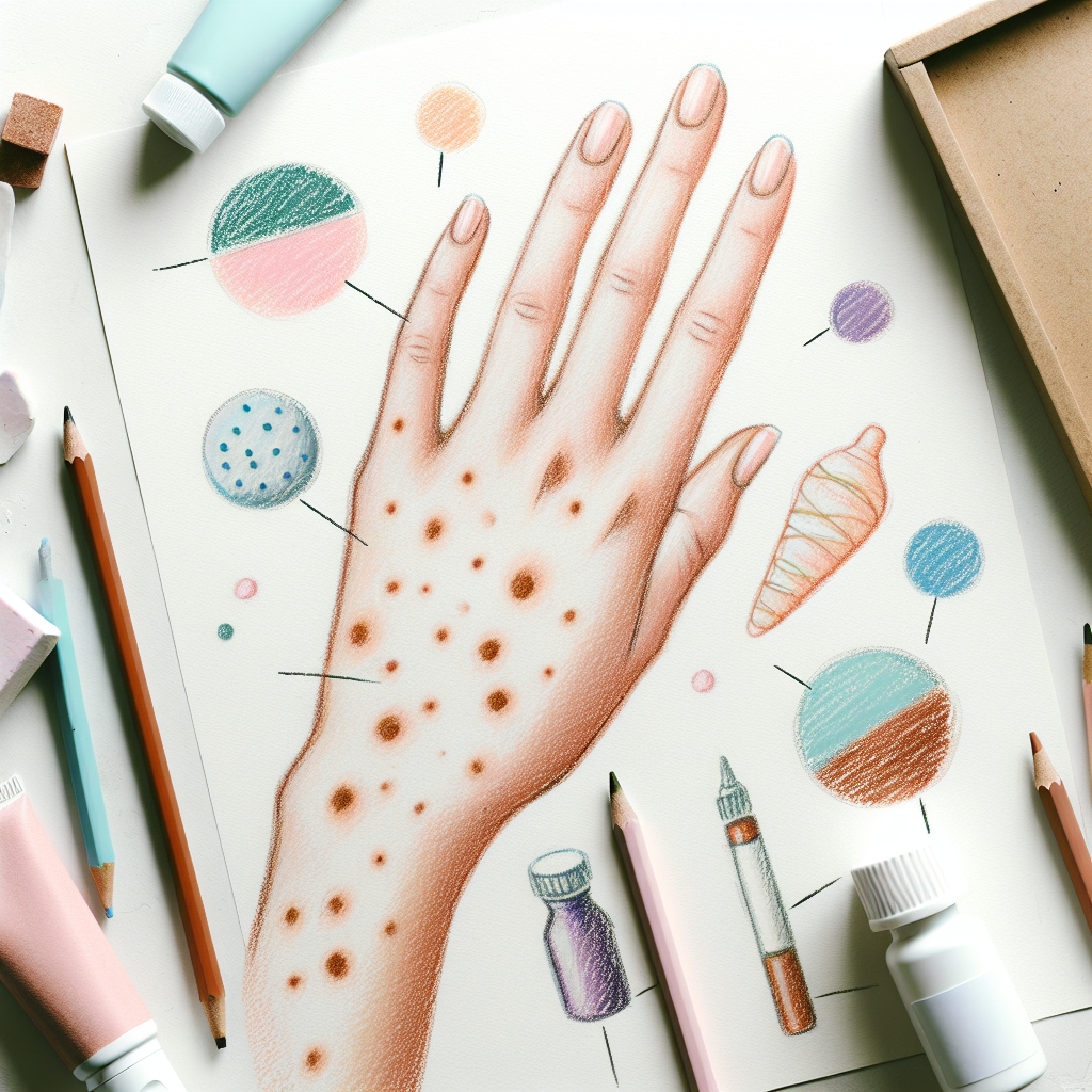 Pastelková ilustrace znázorňující téma: Kožní problémy